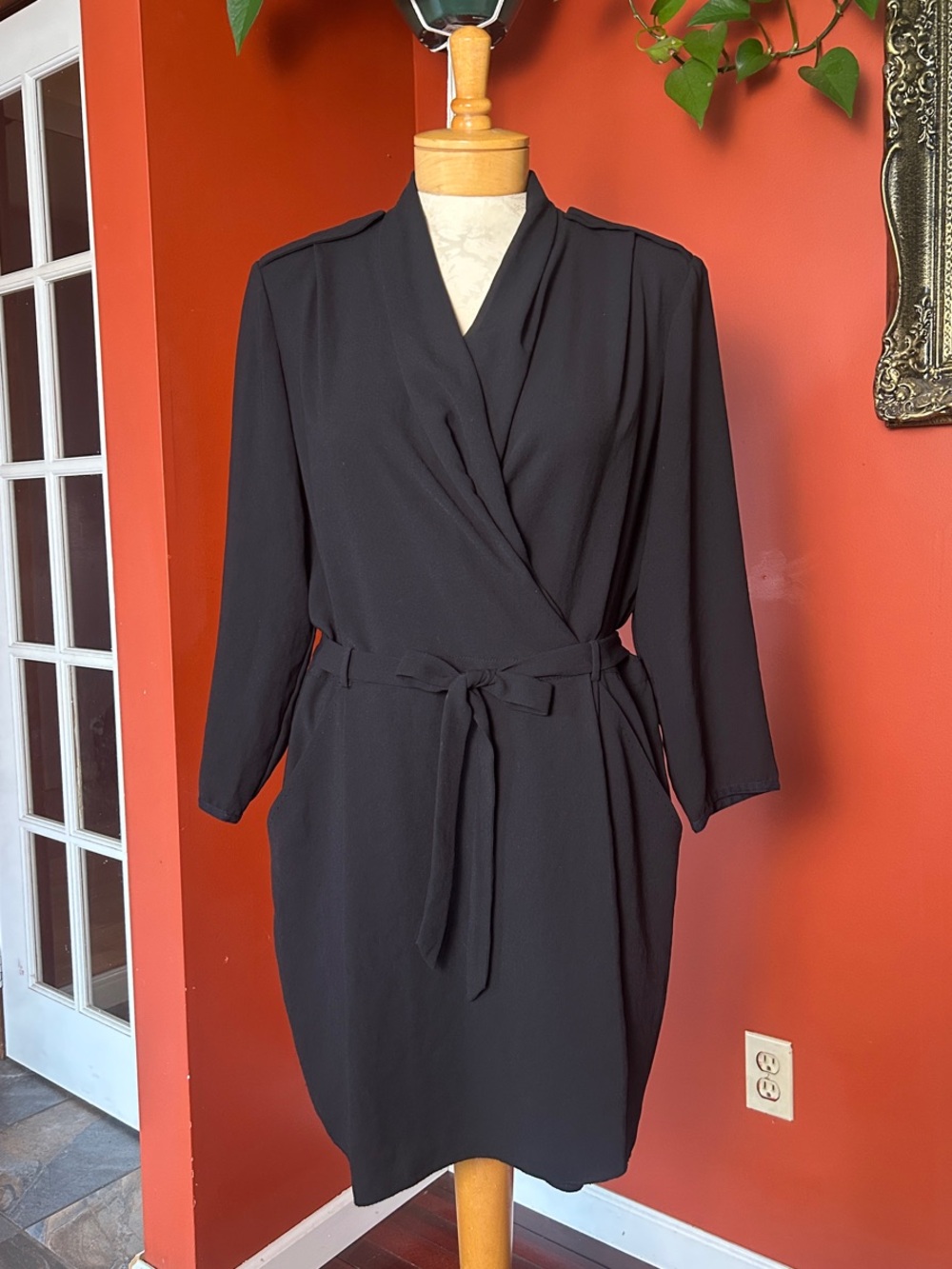 Wilfred Classic Black Wrap Mini Dress with Shoulder Pads